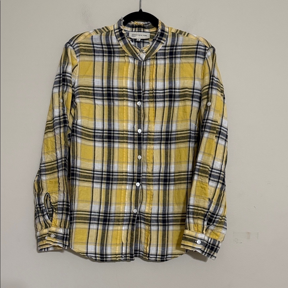 Jones New York Yellow Black Plaid Shirt women L linen casual office retro